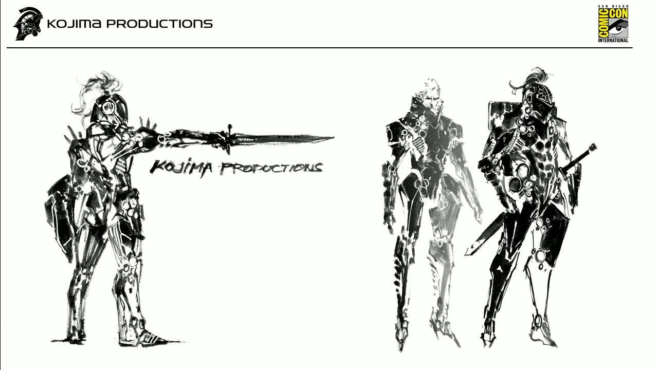 The one on the left is the first design Shinkawa came up with, but it looked too battle-oriented. Kojima wanted it to be a blend between an extra vehicular suit and an armor, so the designs kept evolivng in that direction. The design on the right looked too much like a robot, and Kojima wanted it to be clear there is a person inside.