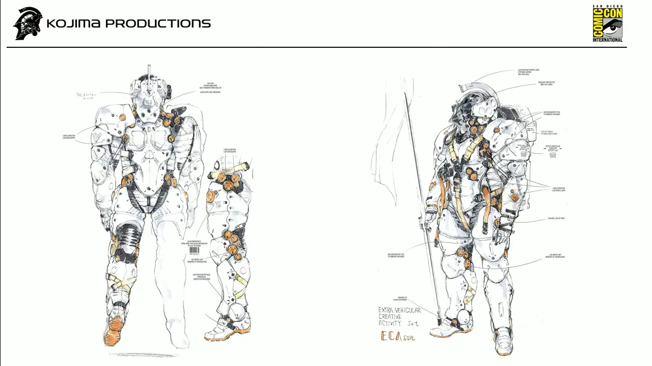 Final version of Ludens design. Kojima points out the small orange objects, Kojima wanted to have something that looked really technologic, that has a ‘techy feeling’. The design of these orange parts is based on the Turing machines. It looks like Ludens is carrying a spear, but it’s actually a flag bearing the Kojima Productions logo.